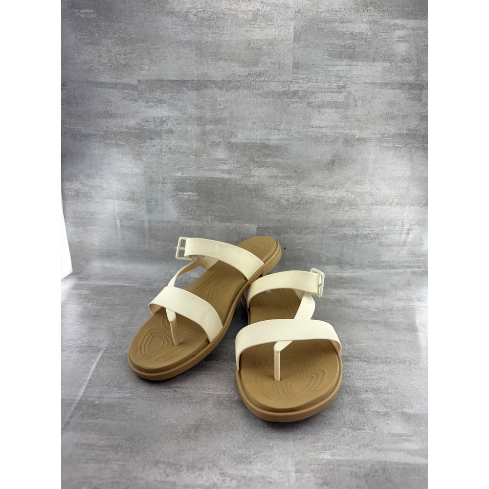 Crocs Tulum Toe Post Workout Shirt Sandals Cream Tan Strappy Buckle Women Sz 9